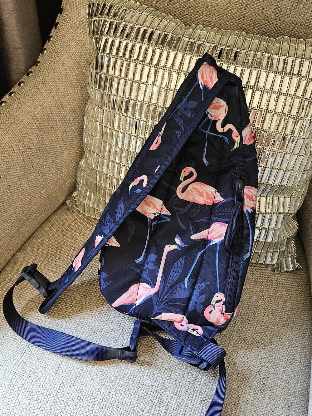 Vera Bradley Black Sling Backpack with Pink Flamingo Print - Picture 5 of 5